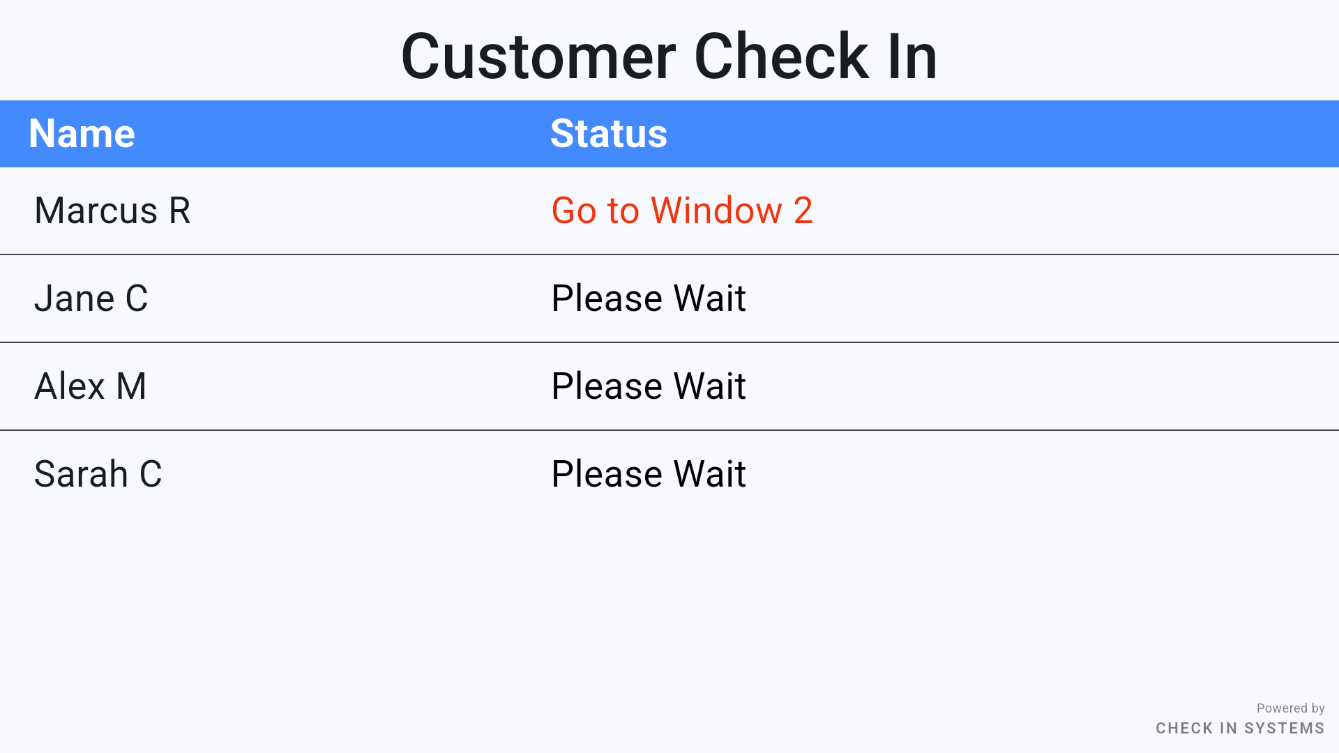 TV display showing live customer queue
